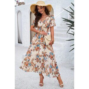 Elings Floral Print High Waist Fit Lined Midi Dress Beige